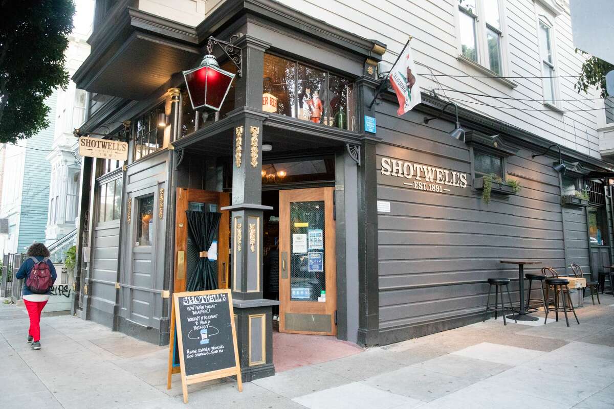 The exterior of Shotwell's Saloon in San Francisco on May 6, 2021. Patrons were able to drink indoors at a bar for the first time since the start of the COVID-19 shutdowns in March 2020.