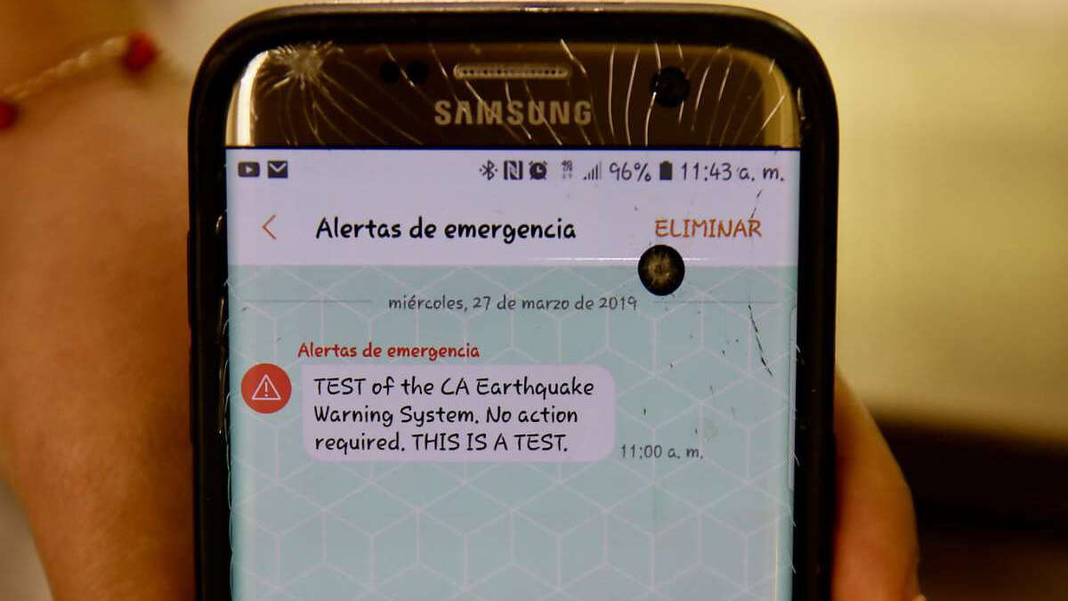 Elizabeth Sanchez, 30, owner of CyBelle’s Pizza, located at 1422 Broadway St., in Oakland, Calif., shows an earthquake emergency alert that was sent to her employee’s cellphone on Wednesday, March 27, 2019. State authorities announced the launch of an early warning app for the entire state on Thursday.