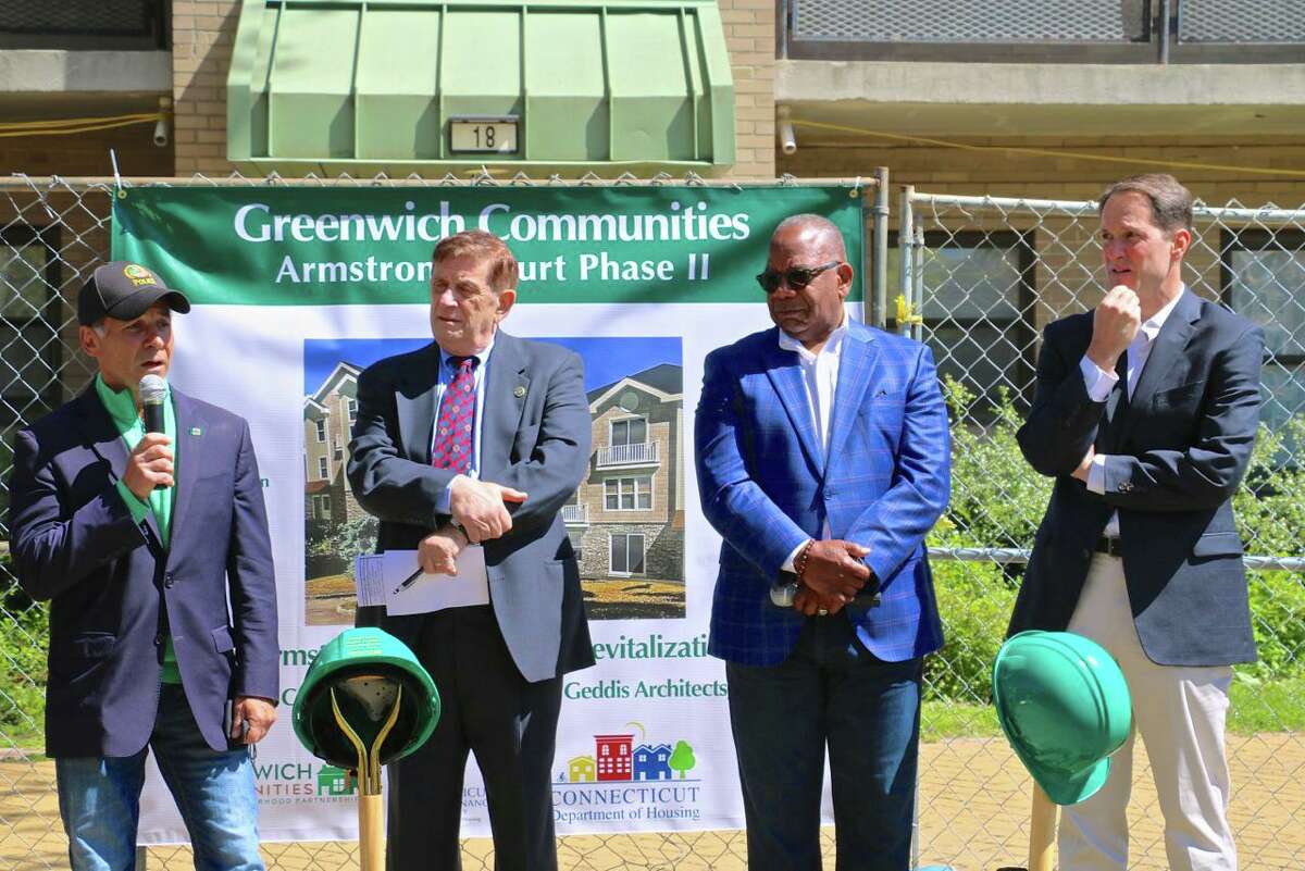 From left, First Selectman Fred Camillo, Greenwich Community Board of Commissioners Chair Sam Romeo, Greenwich Communities Executive Director Anthony Johnson and U.S. Rep. Jim Himes all are on hand for the official groundbreaking of Phase II of the Armstrong Court improvement project on May 1.