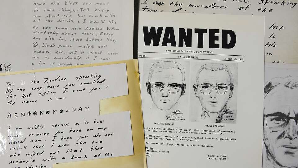 A San Francisco Police Department wanted bulletin and copies of letters sent to the San Francisco Chronicle by a man who called himself Zodiac are displayed Thursday, May 3, 2018, in San Francisco. Detectives in Northern California are trying to get a DNA profile on the Zodiac Killer to track him down using the same family-tree tracing technology investigators used in the Golden State Killer case. Vallejo police Detective Terry Poyser tells the Sacramento Bee his agency has recently submitted two envelopes that contained letters from the Zodiac Killer for DNA analysis. The Zodiac Killer stabbed or shot to death five people in Northern California in 1968 and 1969. He was dubbed the Zodiac Killer after he sent taunting letters and cryptograms to police and newspapers that included astrological symbols. (AP Photo/Eric Risberg)