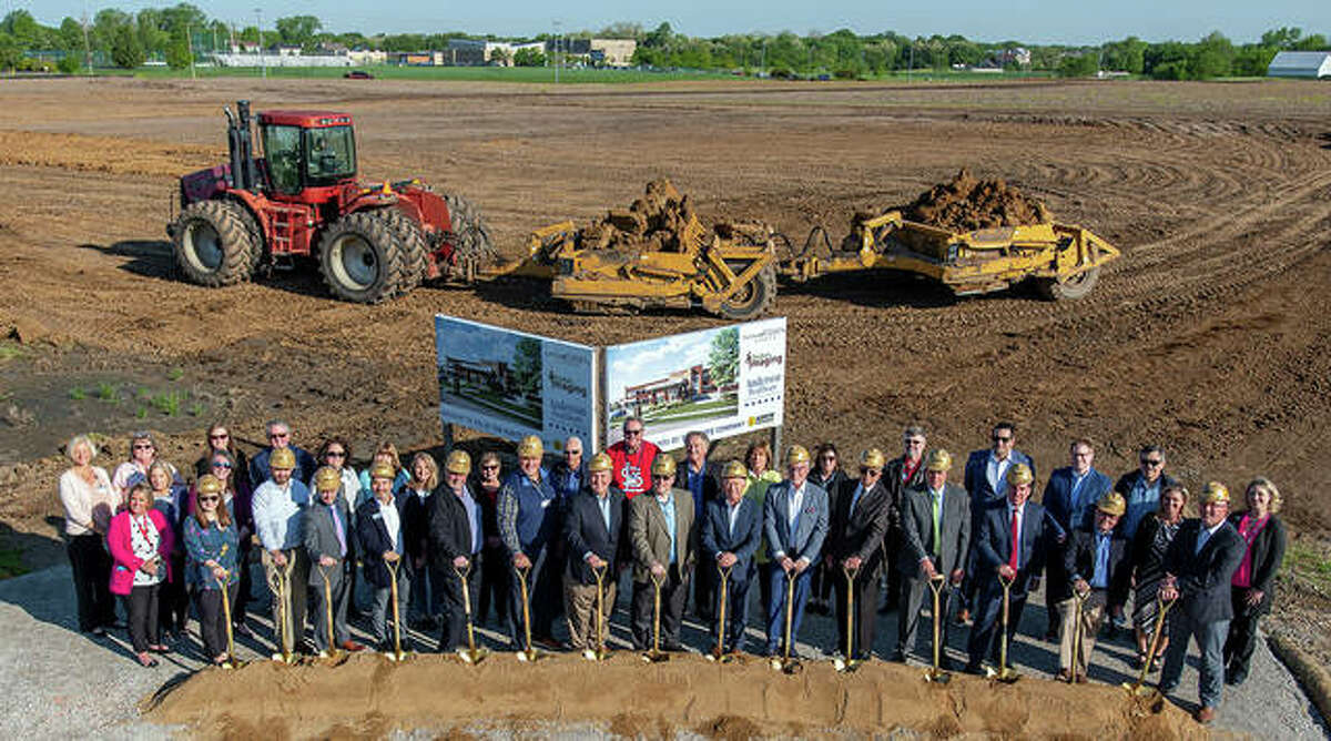 Representatives from Anderson Healthcare, Triple Net Management, The Korte Company and the City of Edwardsville ceremoniously broke ground Friday on Anderson’s third building at its Goshen Campus.