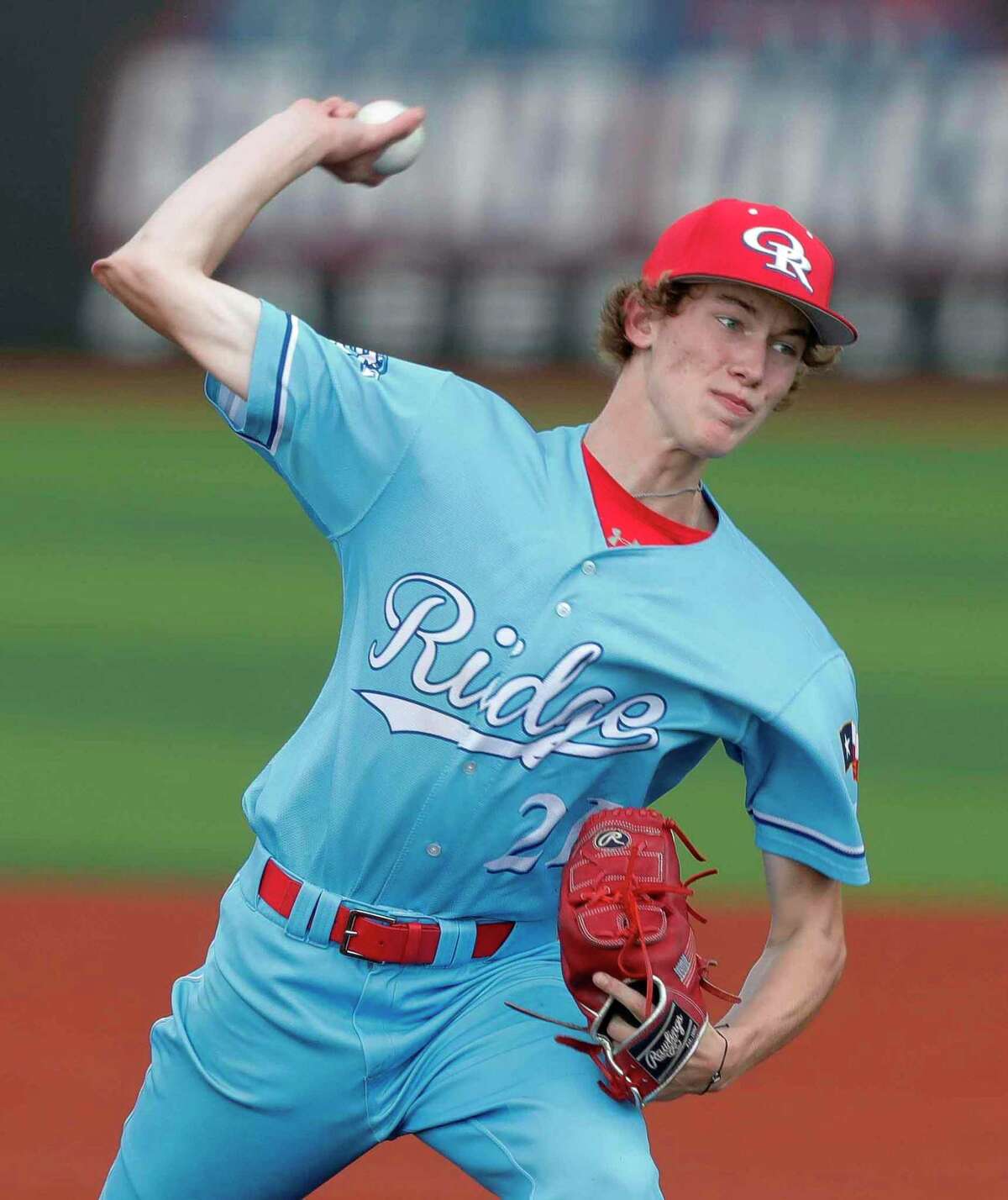 Oak Ridge pitcher Weston Moss (21), shown here last week, struck out eight in a win over Spring in a Region II-6A bi-district one-game playoff Friday evening at Grand Oaks High School.
