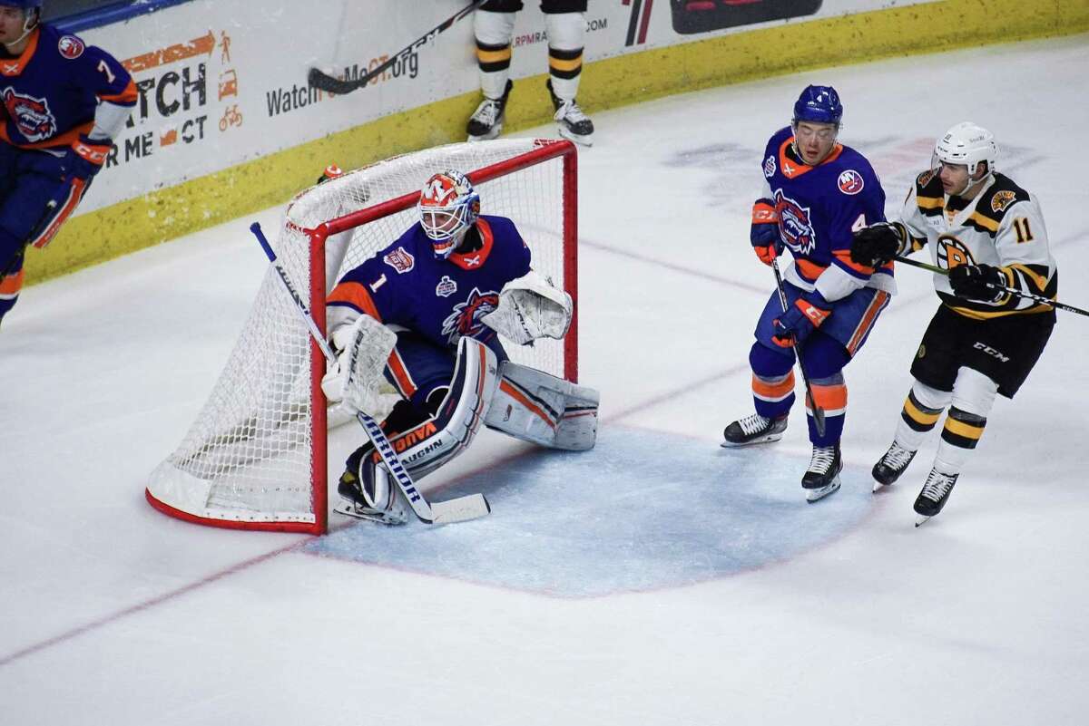 Bridgeport Sound Tigers' goalie Cory Schneider (1) defends the net against the Providence Bruins during an AHL hockey game on March 31, 2021 at Webster Bank Arena in Bridgeport, Conn.