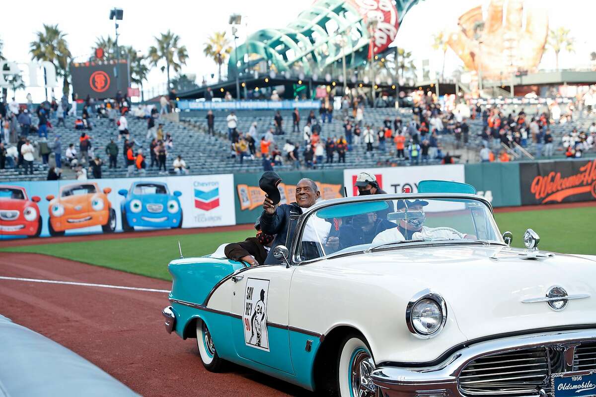San Francisco Giants' Hall of Famer Willie Mays rides in a convertible as the Giants celebrate his 90th birthday at Oracle Park in San Francisco, Calif., on Friday, May 7, 2021.