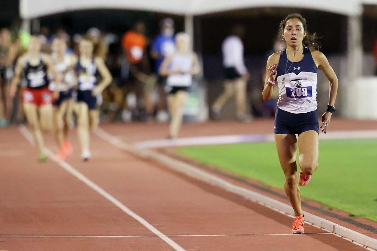 Boerne Champion's Anastacia Gonzales runs away from the field as she approaches the finish line of the 5A girls 1600-meter run in the UIL state track and field championships at Mike A. Myers Stadium in Austin on Friday, May 7, 2021. Gonzales won the event with a time of 4:49.11.