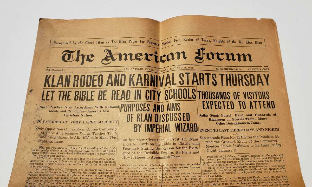 Shown is the front page, top of fold, of the Jan. 24, 1924, edition of the American Forum, the weekly newspaper of the Ku Klux Klan in San Antonio. The American Forum was a short-lived newspaper published from 1923 to 1924 by the Ku Klux Klan in San Antonio to promote the organization’s views and events.