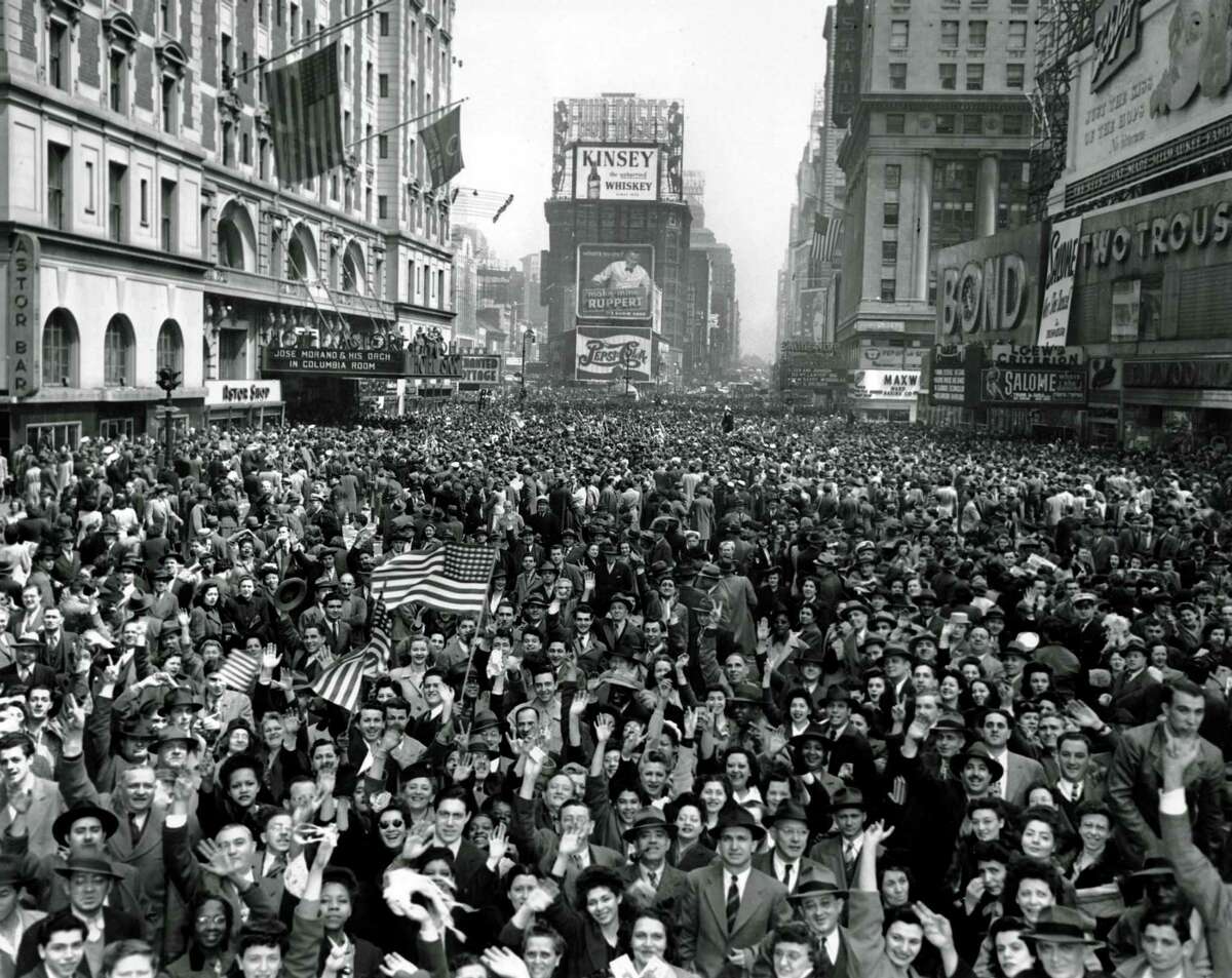 Looking north from 44th Street, New York's Times Square is packed Monday, May 7, 1945, with crowds celebrating the news of Germany's unconditional surrender in World War II.