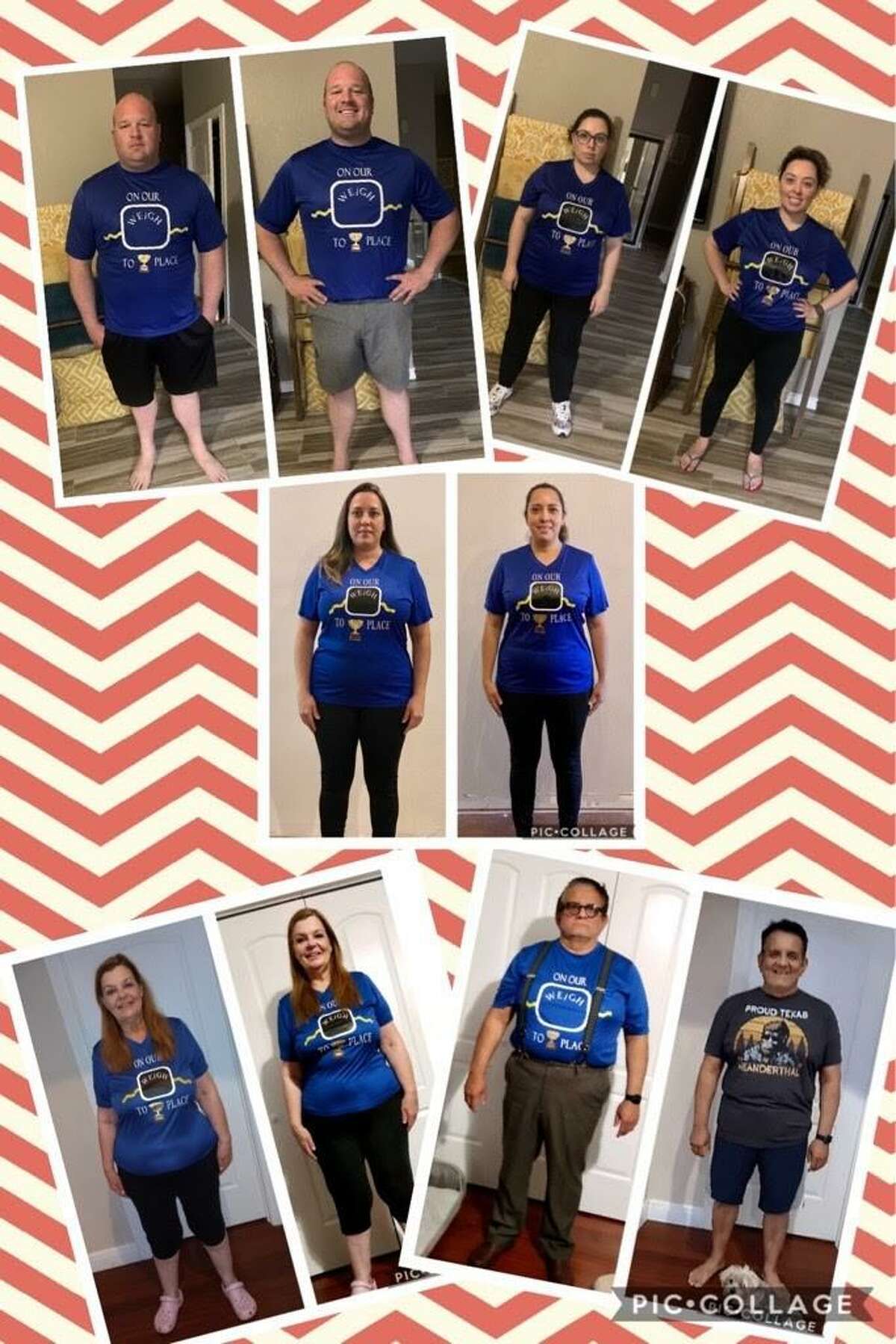 Team On Our Weigh to 1st Place pictured in their before and after photos. The group won first in their district and sixth nationally in the HealthyWage Weight Loss Challenge.