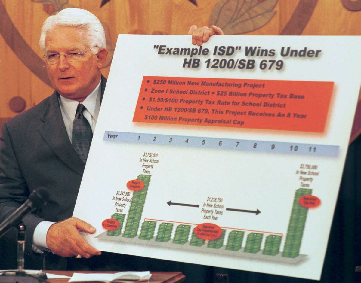 In this March 13, 2001 photo, state Rep. Kim Brimer, R-Arlington, says the Texas Economic Development Act will benefit public schools. The program is now known as Chapter 313 for its place in the Texas Tax Code. It's grown into the largest corporate tax incentive program in Texas, with nearly $10.8 billion in tax breaks for companies.