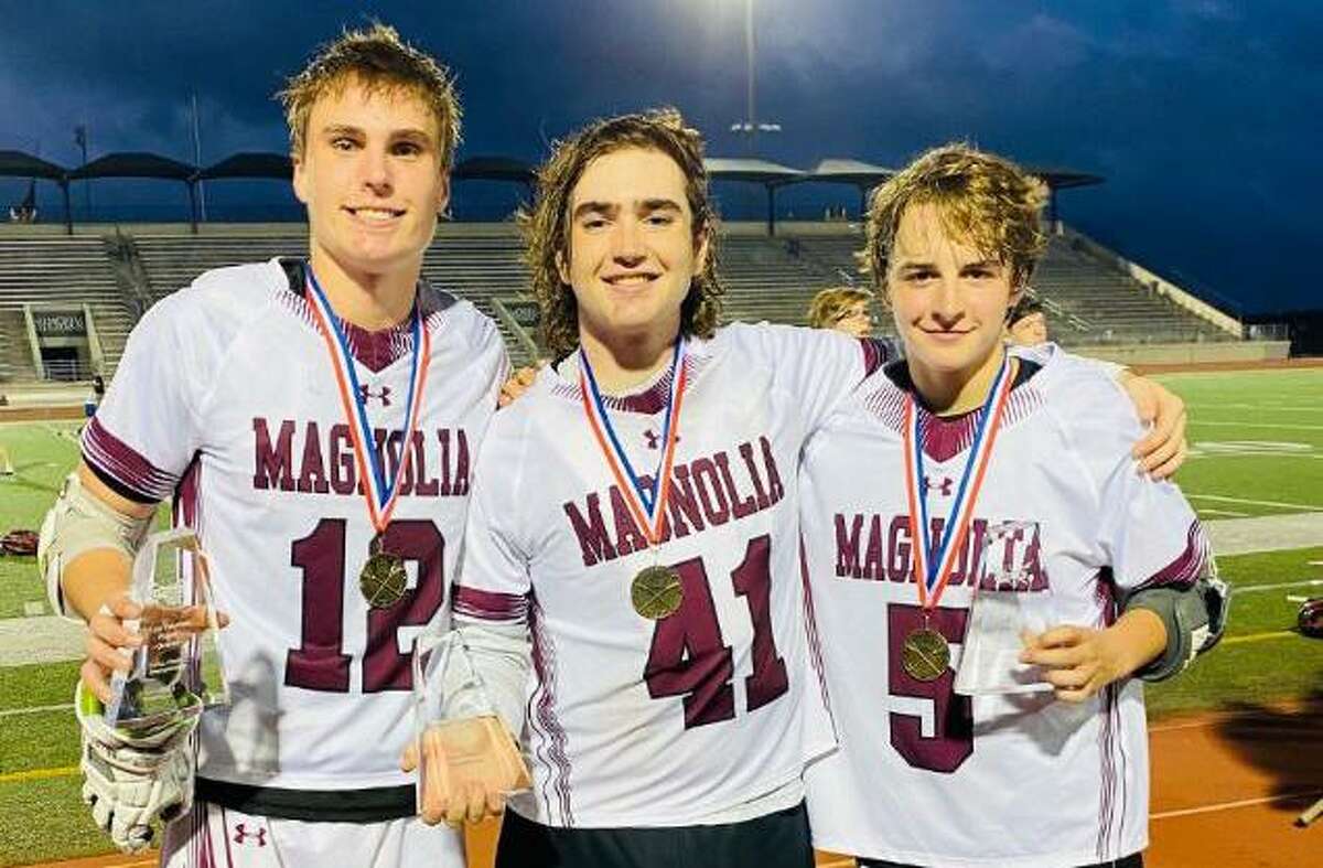Nathan Hakes, Drew Avery and Garrett Van Dyne pose for a photo after Magnolia won the THSLL Class C state championship on Saturday, April 8, 2021 at Turner Stadium. Hakes was named Team MVP, Avery was named Defensive MVP and Van Dyne was named Offensive MVP.
