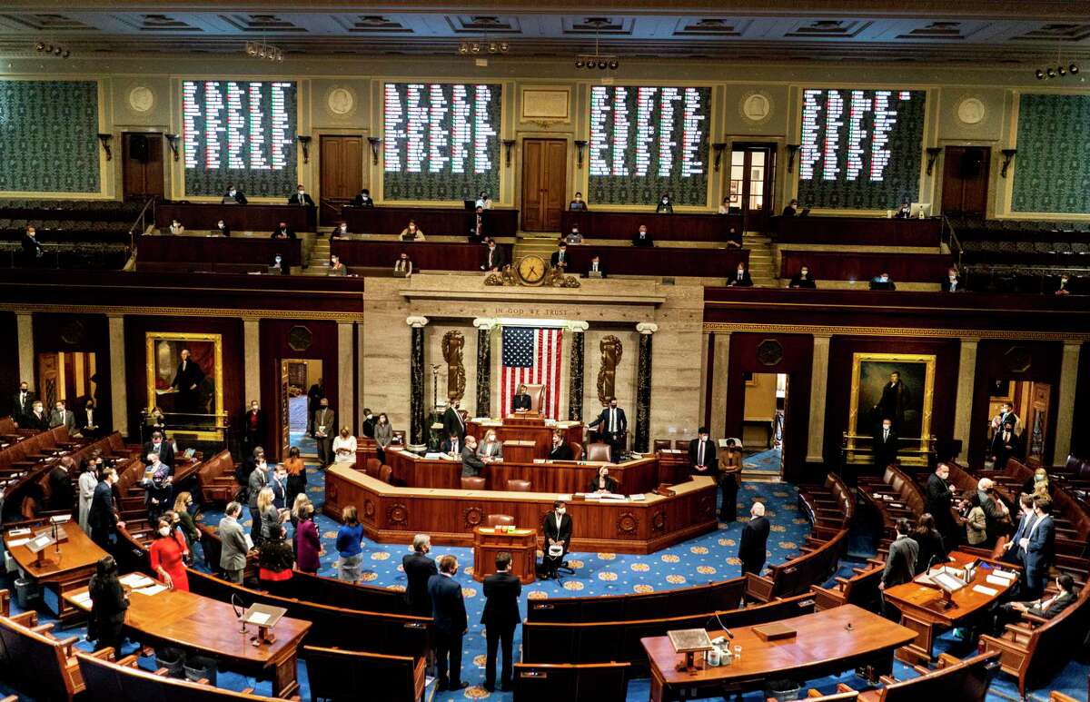 House Speaker Nancy Pelosi (D-Calif.) presides as House lawmakers vote to impeach President Donald Trump on Jan. 13, 2021.