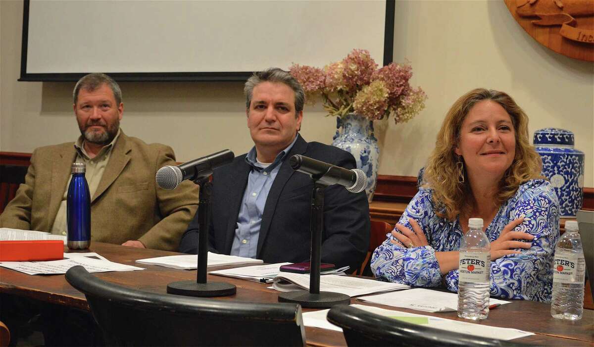 From left Selectman Stephan Grozinger, First Selectman Christopher Spaulding, and Selectman Samantha Nestor, listen to public comment at Thursday night's Board of Selectmen meeting, June 6, 2019.