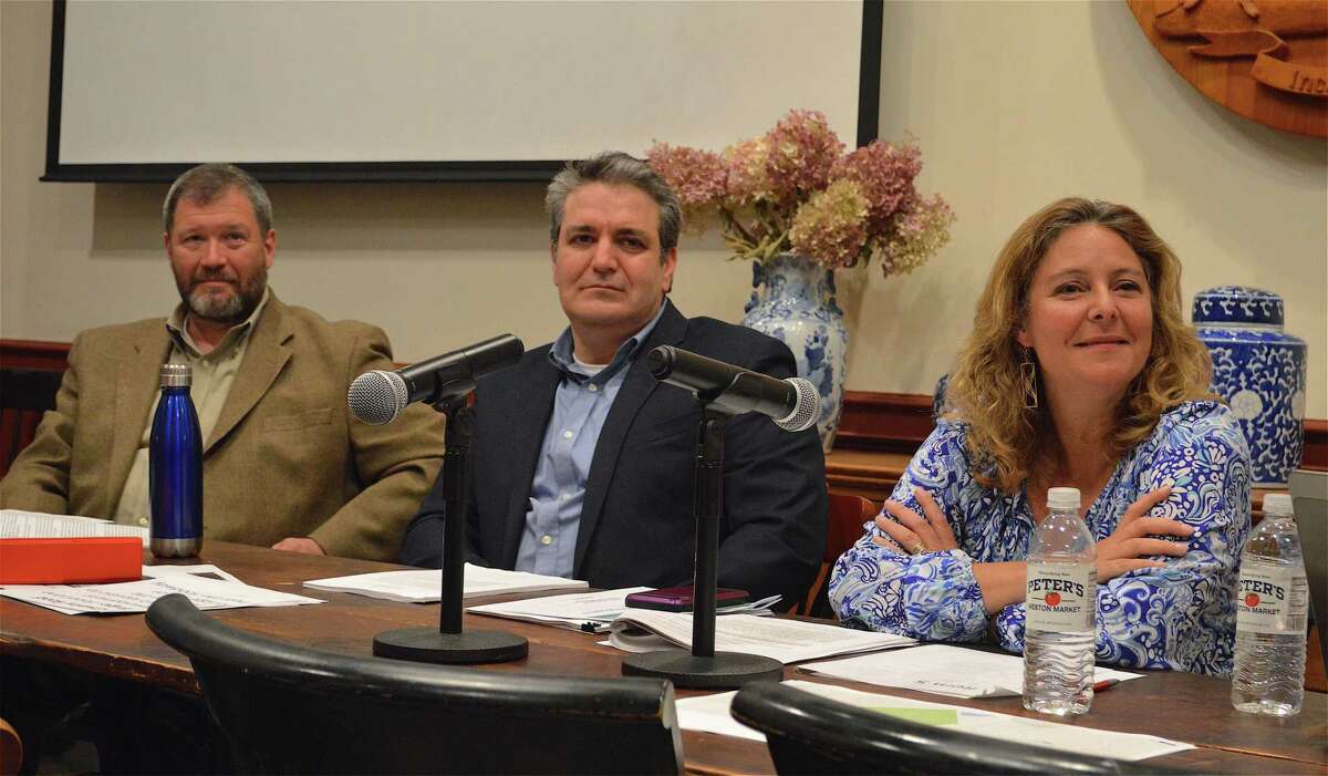 From left Selectman Stephan Grozinger, First Selectman Christopher Spaulding, and Selectman Samantha Nestor, listen to public comment at a Board of Selectmen meeting, June 6, 2019. Spaulding announced July 28, 2021 he is resigning from the post. Nestor will assume his duties starting Aug. 2, 2021.