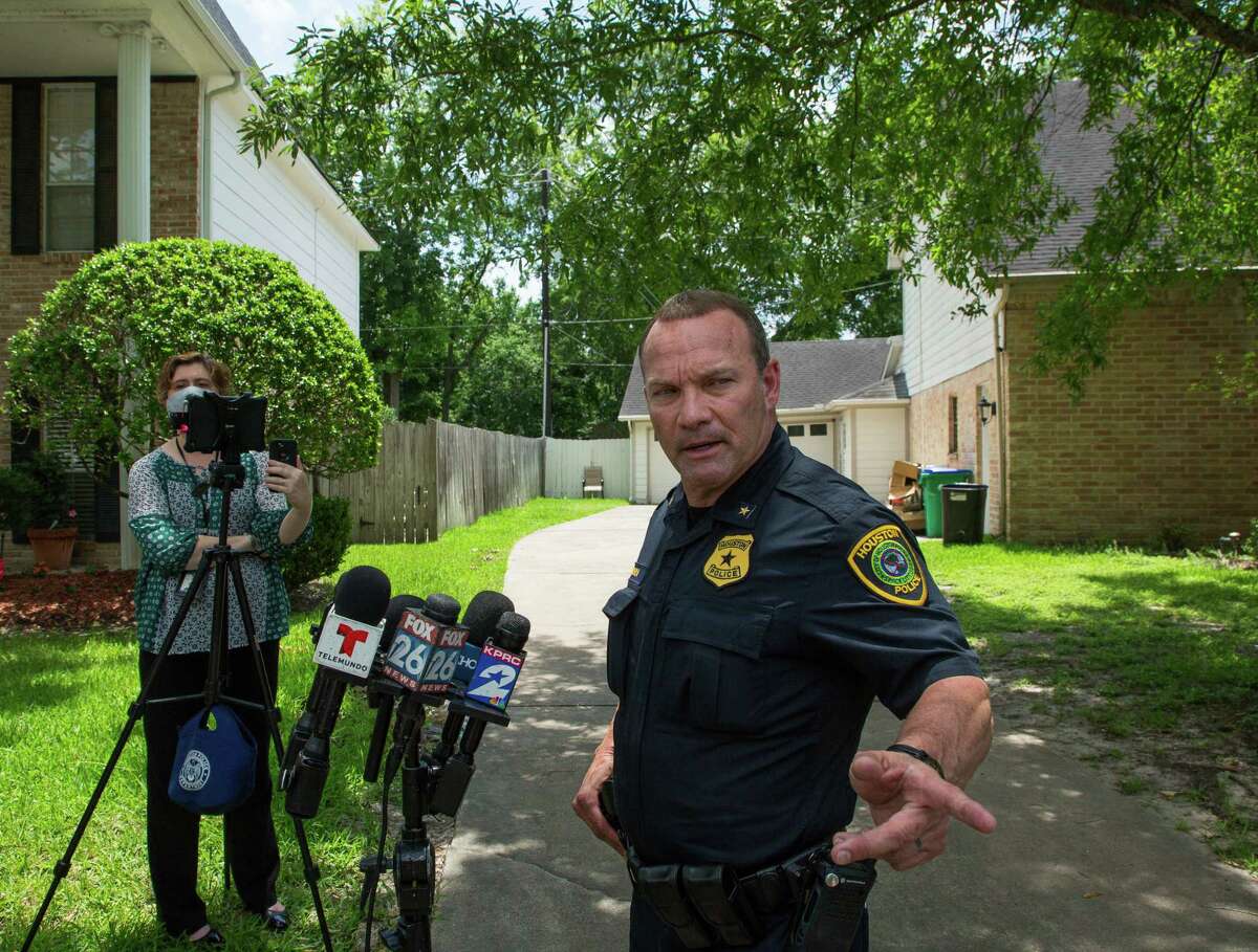 Houston Police Commander Ronald Borza talks to reporters about the investigation into a man whose tiger was on the loose on the 1100 block of Ivy Wall Drive, on Monday, May 10, 2021, in Houston.