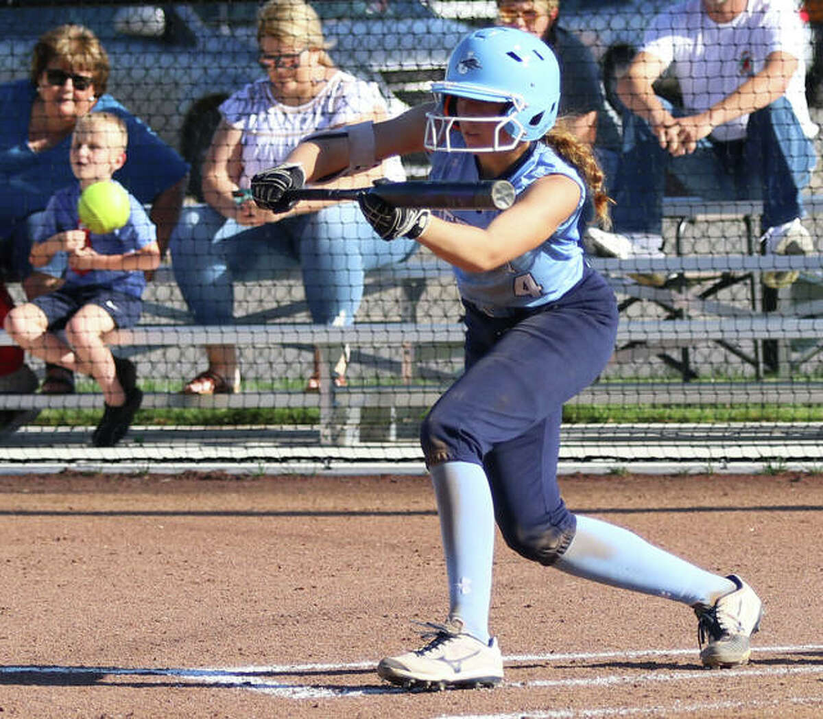 Jersey’s Bria Tuttle squares to bunt in an April 30 game against Calhoun in Jerseyville. On Monday in the fifth inning against CM, Tuttle was swinging away at home and hit a home run to spark a Panthers rally that beat the Eagles in eight innings.