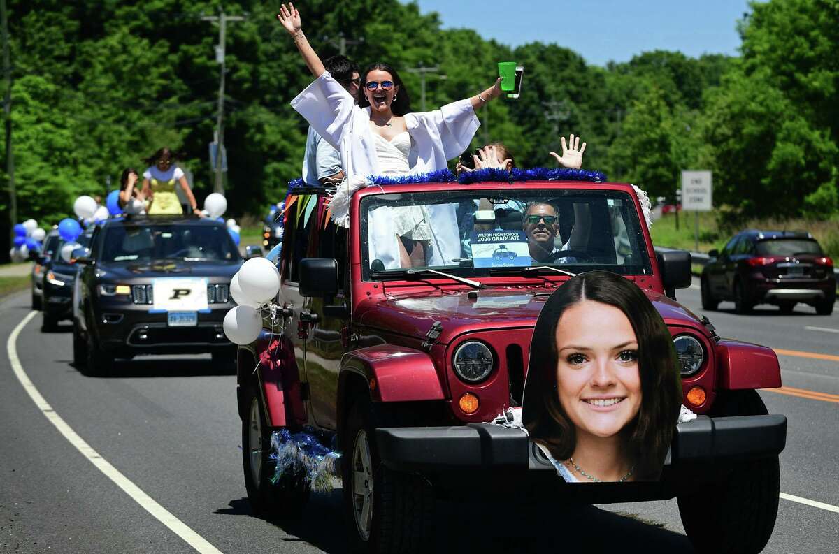 Graduates arrived by motorcade at the Wilton High School commencement ceremony last year. The senior car procession started at Allen's Meadow down Route 7 south and proceeded on Ridgefield Road to Middlebrook Farm Road and finally right on School Road.