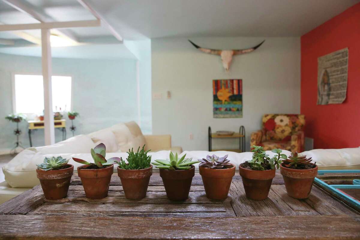 Mini cacti decorate a sofa table made out of an old door.