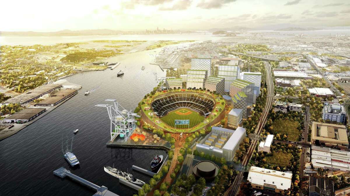 Illustration of proposed new Oakland A's ballpark at Howard Terminal featuring a rooftop park.
