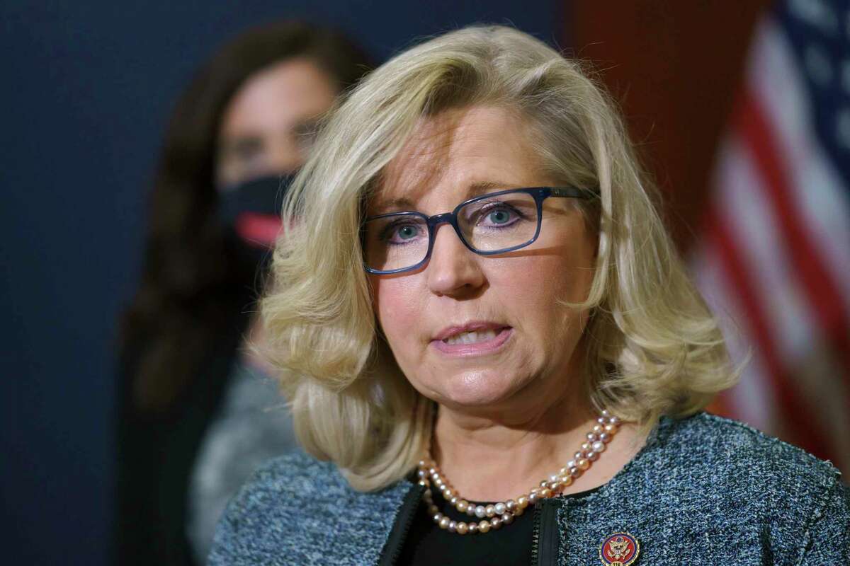 FILE - In this April 20, 2021, file photo U.S. Rep. Liz Cheney, R-Wyo., the House Republican Conference chair, speaks with reporters on Capitol Hill in Washington. Denton Knapp, a retired U.S. Army colonel from California, says he will challenge Cheney in next year's Republican U.S. House primary in Wyoming. (AP Photo/J. Scott Applewhite, File)
