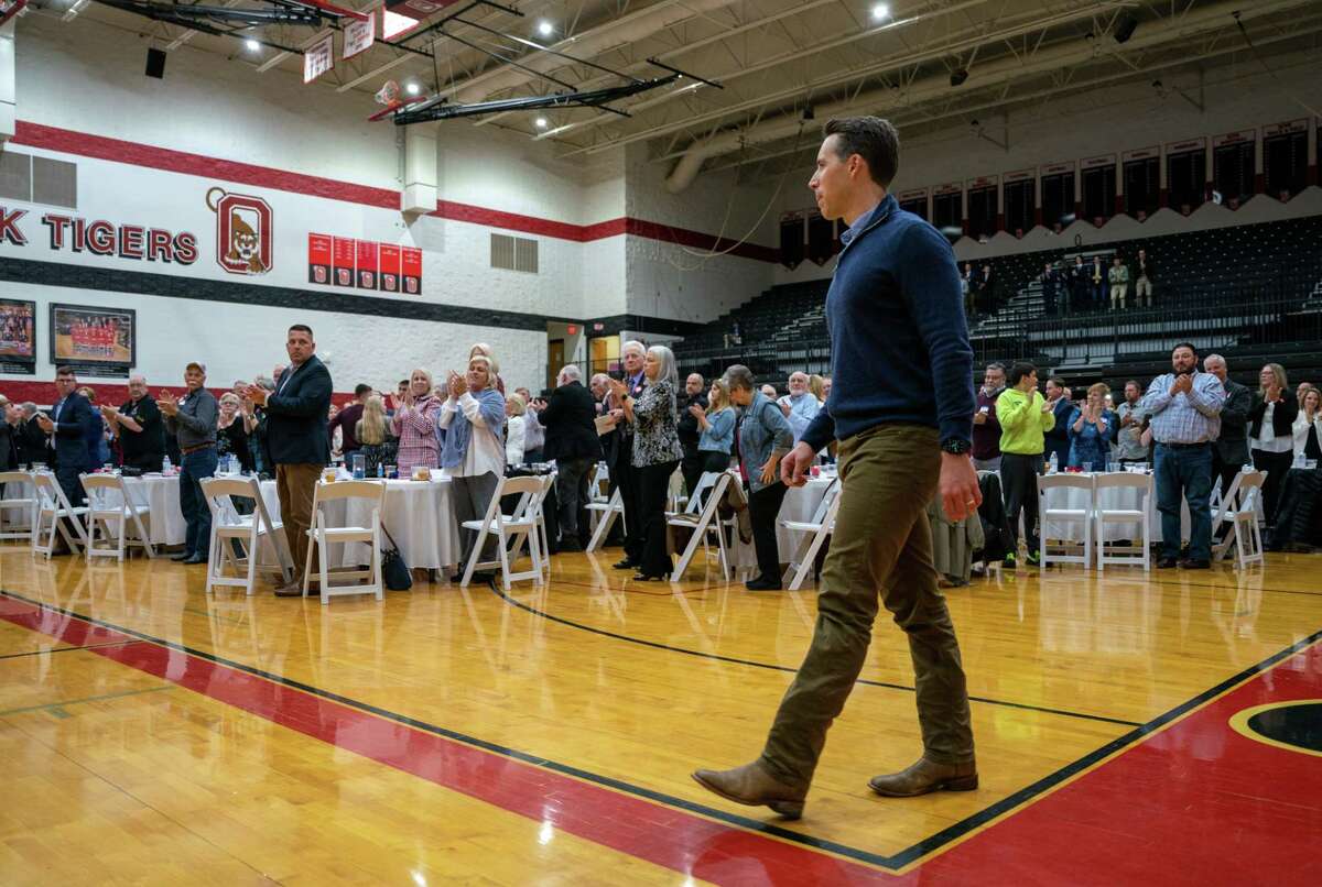 Hawley gets a standing ovation at Ozark High in April.
