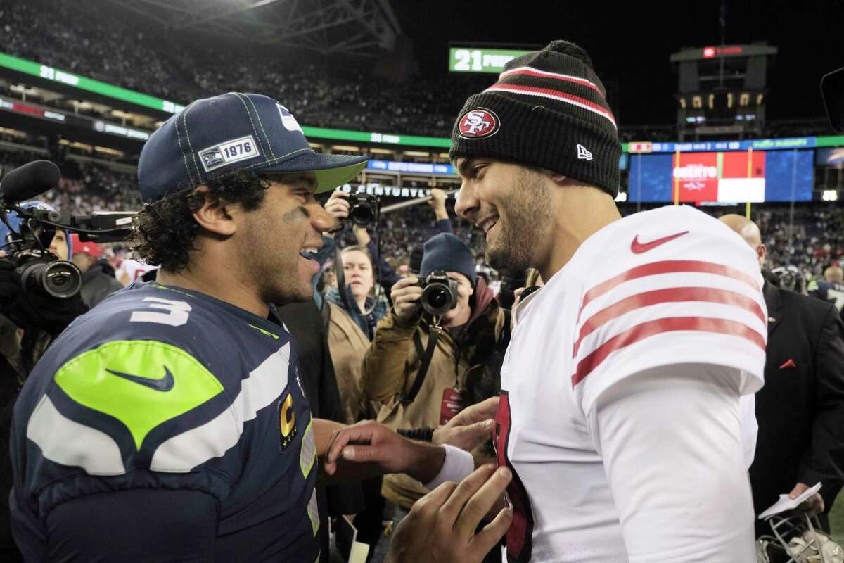 In this week’s 49ers mailbag, Chronicle readers want to know about the likelihood the 49ers would trade Jimmy Garoppolo, right, to Seattle — and fill the void created by the departure of Russell Wilson, left.