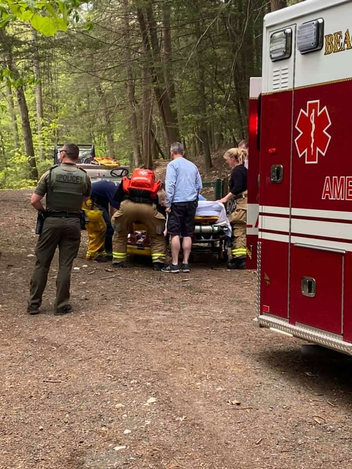 Crews at High Rock Park in Naugatuck, Conn., for a hiker rescue on Monday, May 10, 2021.