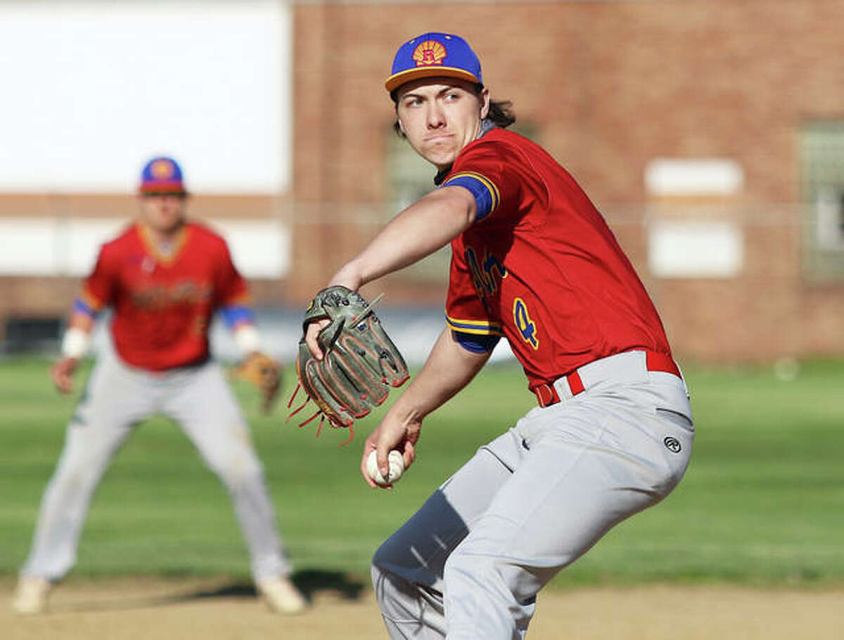 Roxana’s Kaleb Hinkle-Pruett, shown pitching in a game earlier this season, drove in two innings and pitched in relief Tuesday in the Shells’ victory at Columbia.