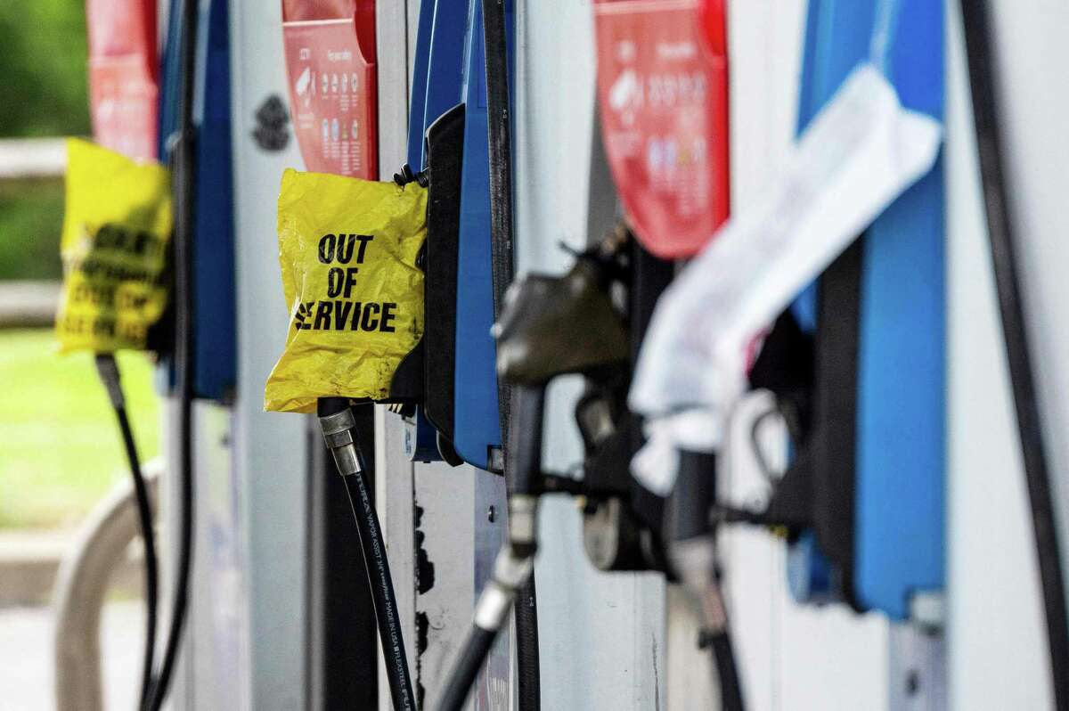 Gas pumps are seen out of service at a station in Annapolis, Maryland, on May 12, 2021. Fears the shutdown of the Colonial Pipeline because of a cyberattack would cause a gasoline shortage led to some panic buying and prompted U.S. regulators on May 11, 2021 to temporarily suspend clean fuel requirements in three eastern states and the nation's capital.