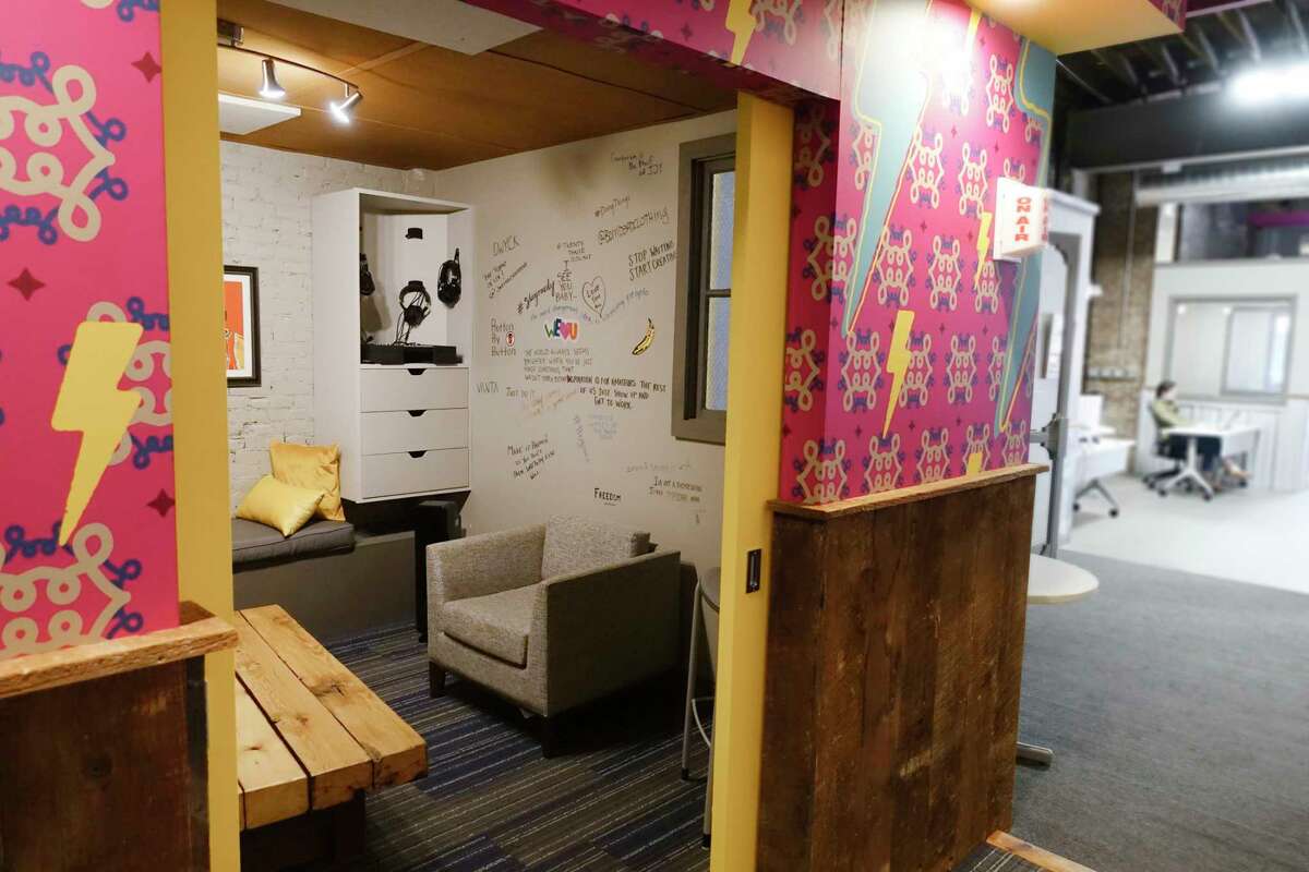 A room for recording podcasts at Troy Innovation Garage, a coworking space, on Wednesday, May 12, 2021, in Troy, N.Y. (Paul Buckowski/Times Union)