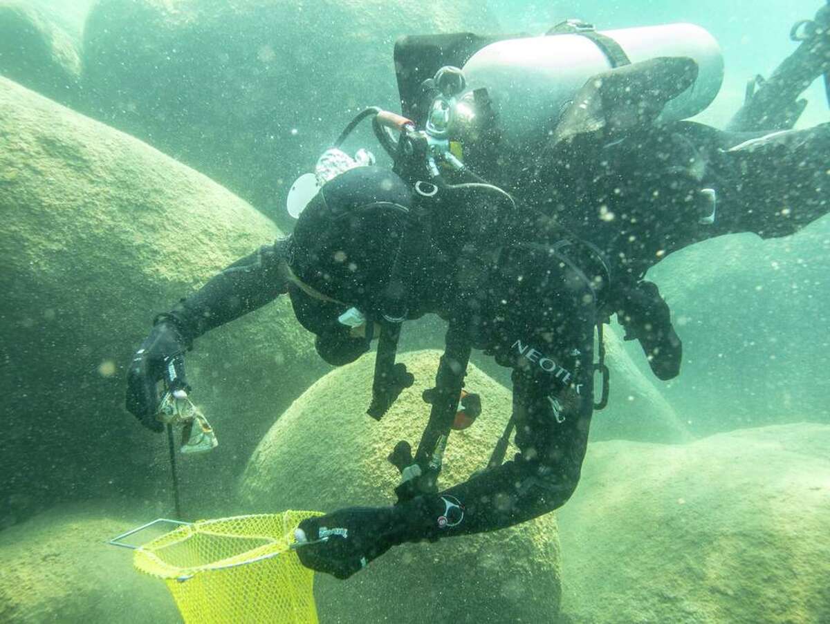 A scuba diver hunts for trash in Lake Tahoe.