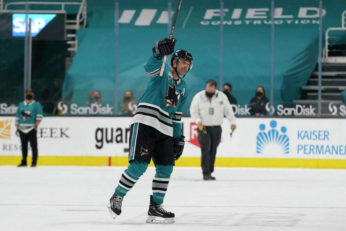 Forward Patrick Marleau waves to the fans at SAP Center after the Sharks closed their season with a loss to the Golden Knights. Marleau, a free-agent-to-be, may not return to the team.