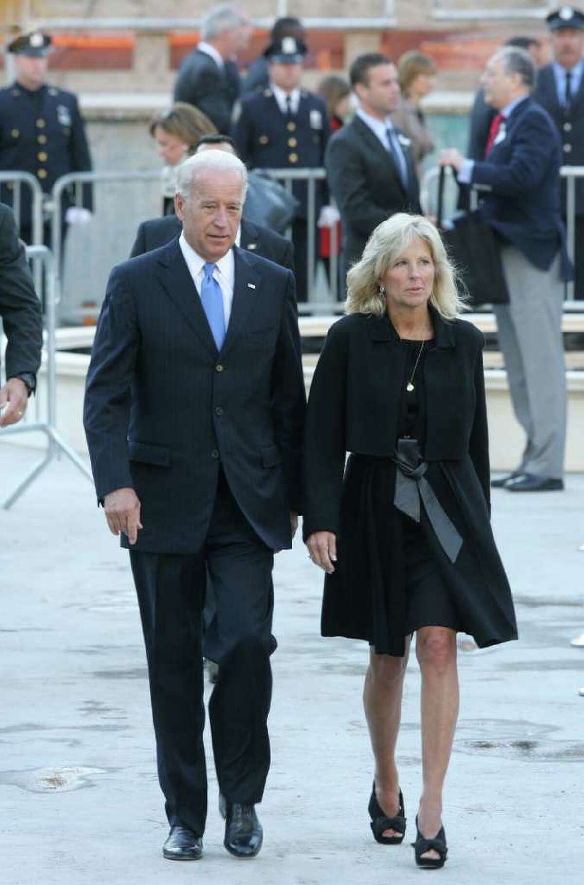 NEW YORK - SEPTEMBER 11: U.S. Vice President Joe Biden and his wife Jill Biden depart at Ground Zero after the annual memorial service September 11, 2010 in New York City. Thousands will gather to pay a solemn homage on the ninth anniversary of the terrorist attacks that killed nearly 3,000 people on September 11, 2001. (Photo by Brigitte Stelzer-Pool/Getty Images) *** Local Caption *** Jill Biden;Joe Biden