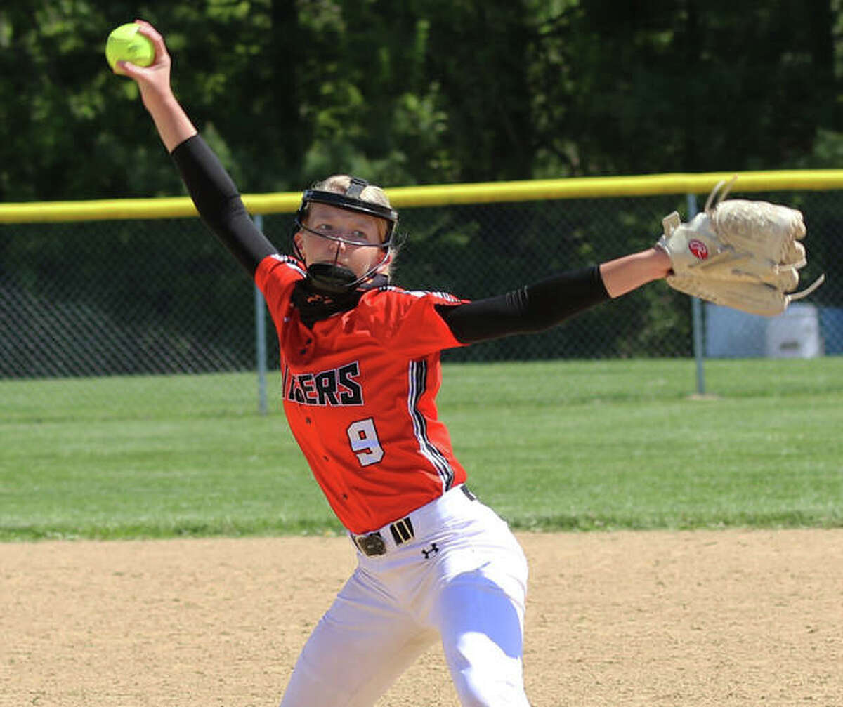 Edwardsville pitcher Avery Hamilton throws to the plate in her complete-game win on Wednesday in Piasa.