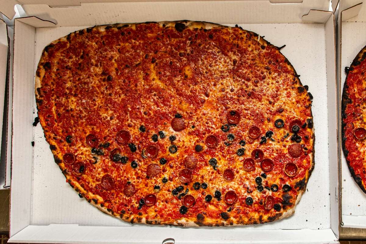 A large pizza at Sally's Apizza in New Haven on April 23, 2021.