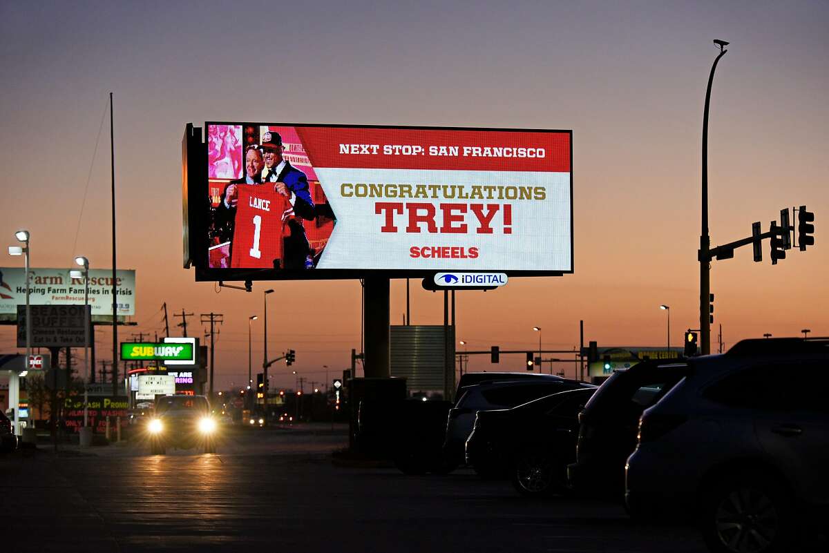 A digital billboard on Thursday, May 6, 2021 in Fargo, North Dakota congratulates North Dakota State University quarterback, Trey Lance. The San Francisco 49ers drafted Lance in the first round of the NFL draft.