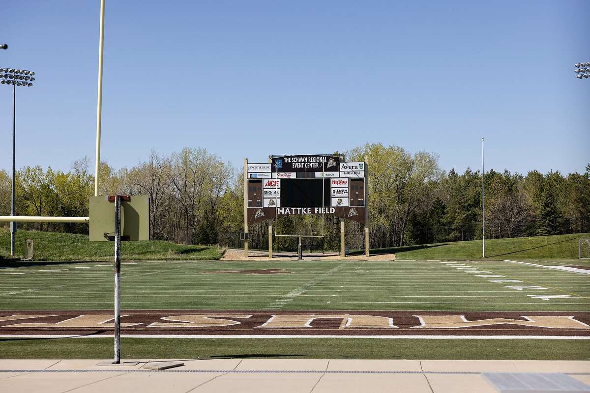 The Marshall High School football team uses the Mattke Field on the campus of Southwest Minnesota State University in Marshall, Minn., on Tuesday, May 11, 2021.