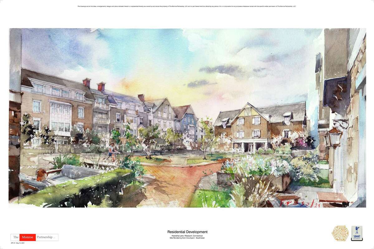 An updated rendering for the proposed affordable housing project on Hiawatha Lane in Westport.