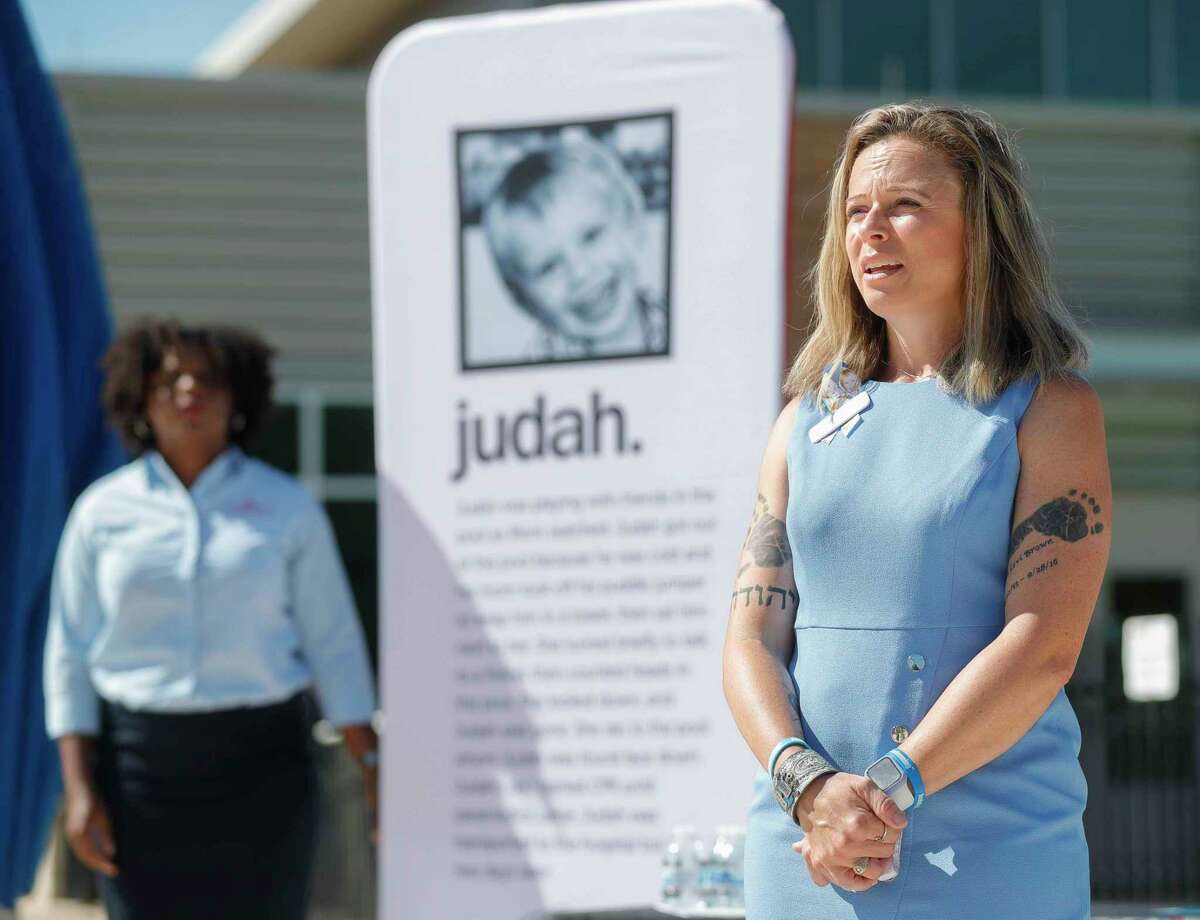 Christi Brown talks about her three-year-old son, Judah, who drowned in an apartment pool in 2016 during a press conference on the organization’s SPLASH initiative at Branch Crossing YMCA, Thursday, May 6, 2021, in The Woodlands. The initiative focuses on educating parents and children on water safety as a way to prevent childhood drowning. Christi and her husband created the Judah Brown Project, a non-profit organization, offers training for CPR and survival swim.