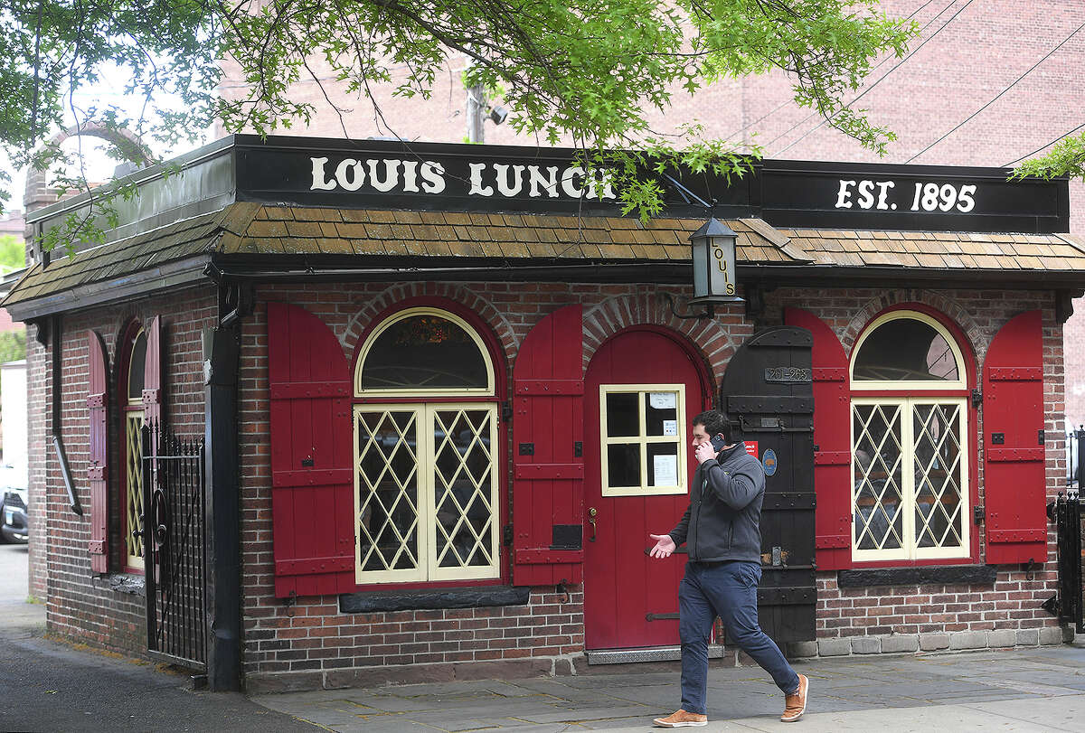 The landmark Louis Lunch, where the hamburger was invented, on Crown Street in New Haven, Conn. on Thursday, May 13, 2021.