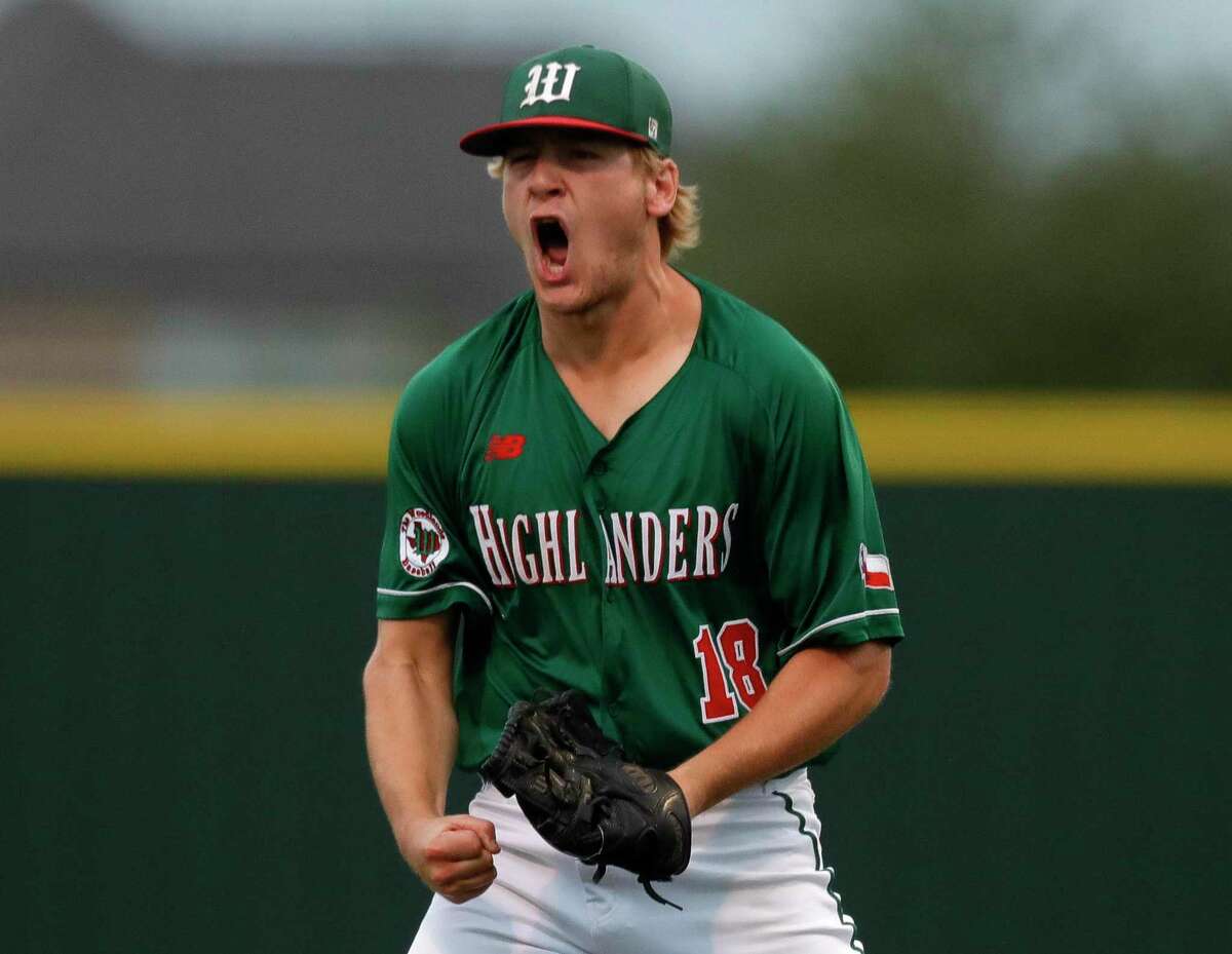 The Woodlands starting pitcher Dylan Kerbow (18) reacts after striking out Christian Salazar #5 of Cypress Ranch during the first inning of a Region II-6A high school baseball area playoff game at Cypress Ranch High School, Thursday, May 13, 2021, in Cypress.