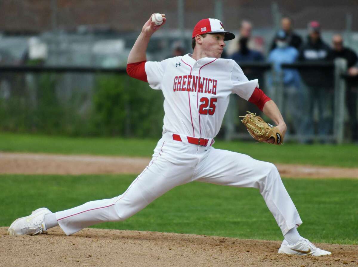 Greenwich's Miles Langhorne pitches in the high school baseball game between Greenwich and Trumbull at Greenwich High School in Greenwich, Conn. Tuesday, May 11, 2021. Langhorne, a senior, is committed to play next year at Vanderbilt, one of the top college baseball programs in the country.