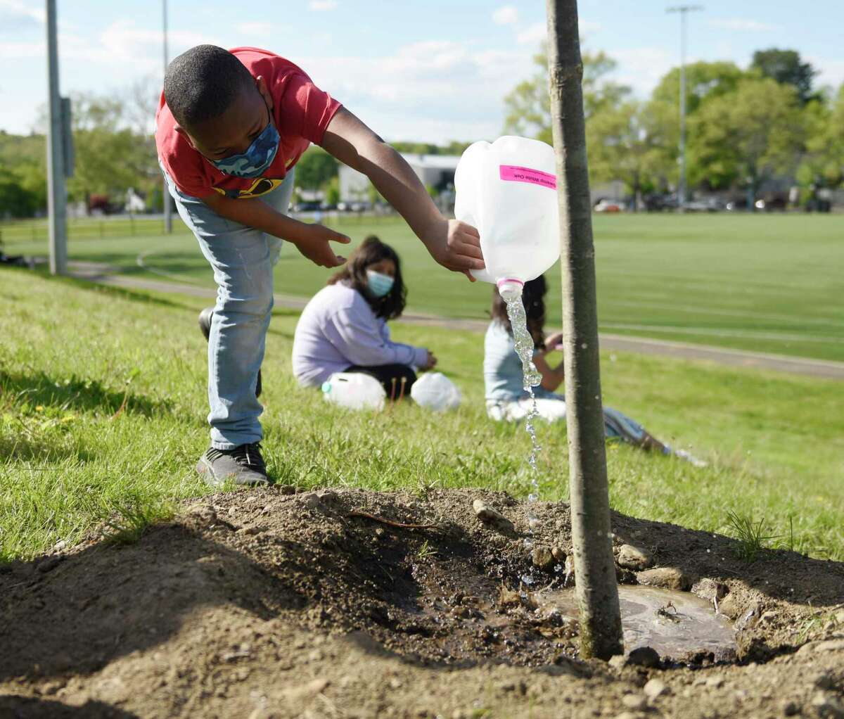 Semir B., 10, waters newly-planted Swamp White Oak trees at Lione Park in Stamford, Conn. Thursday, May 13, 2021. Pollinator Pathway Stamford planted 37 new trees in four Stamford parks starting on Earth Day of this year to help create corridors of pollinator-friendly habitat throughout the northeast. With the help of the Boys & Girls Club of Stamford, the new Red Maples and Swamp White Oaks will be watered by Keystone Club and STEM students.