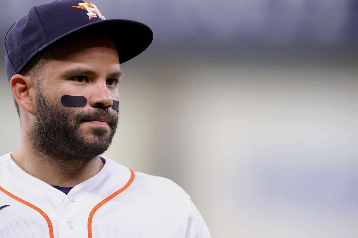 HOUSTON, TEXAS - MAY 08: Jose Altuve #27 of the Houston Astros looks on against the Toronto Blue Jays at Minute Maid Park on May 08, 2021 in Houston, Texas. (Photo by Carmen Mandato/Getty Images)