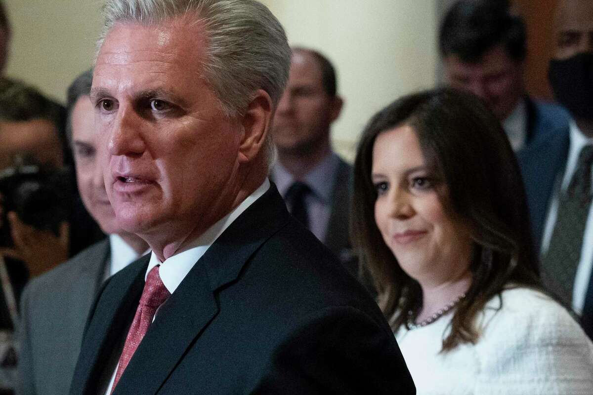 House Minority Leader Kevin McCarthy of Calif., speaks with reporters, joined by newly-elected House Republican Conference Chair Rep. Elise Stefanik, R-N.Y., on Capitol Hill Friday, May 14, 2021, in Washington. Republicans voted Friday morning for Stefanik to be the new chair for the House Republican Conference, replacing Rep. Liz Cheney, R-Wyo., who was ousted from the GOP leadership for criticizing former President Donald Trump. (AP Photo/Alex Brandon)