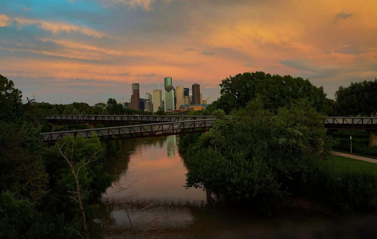 The Houston skyline at sunset on Sunday, Aug. 2, 2020.