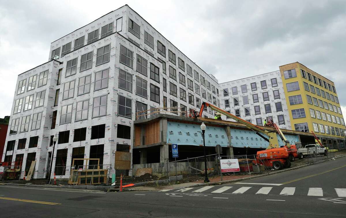 Construction in April 2021 on the Platform at 1 Chestnut Street in Norwalk, Conn. The two-building development will feature 122 units, including 11 workforce housing units.