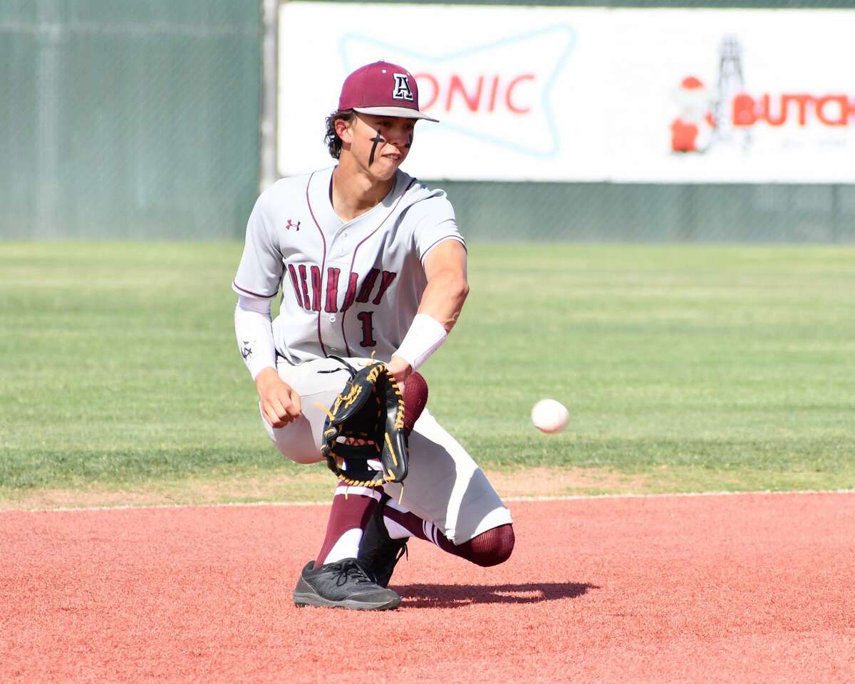Abernathy's Bradyn Daniel attempts to field a hopper during the area round of the Class 3A UIL baseball playoffs against Littlefield on Friday at Lubbock-Cooper in Woodrow. 