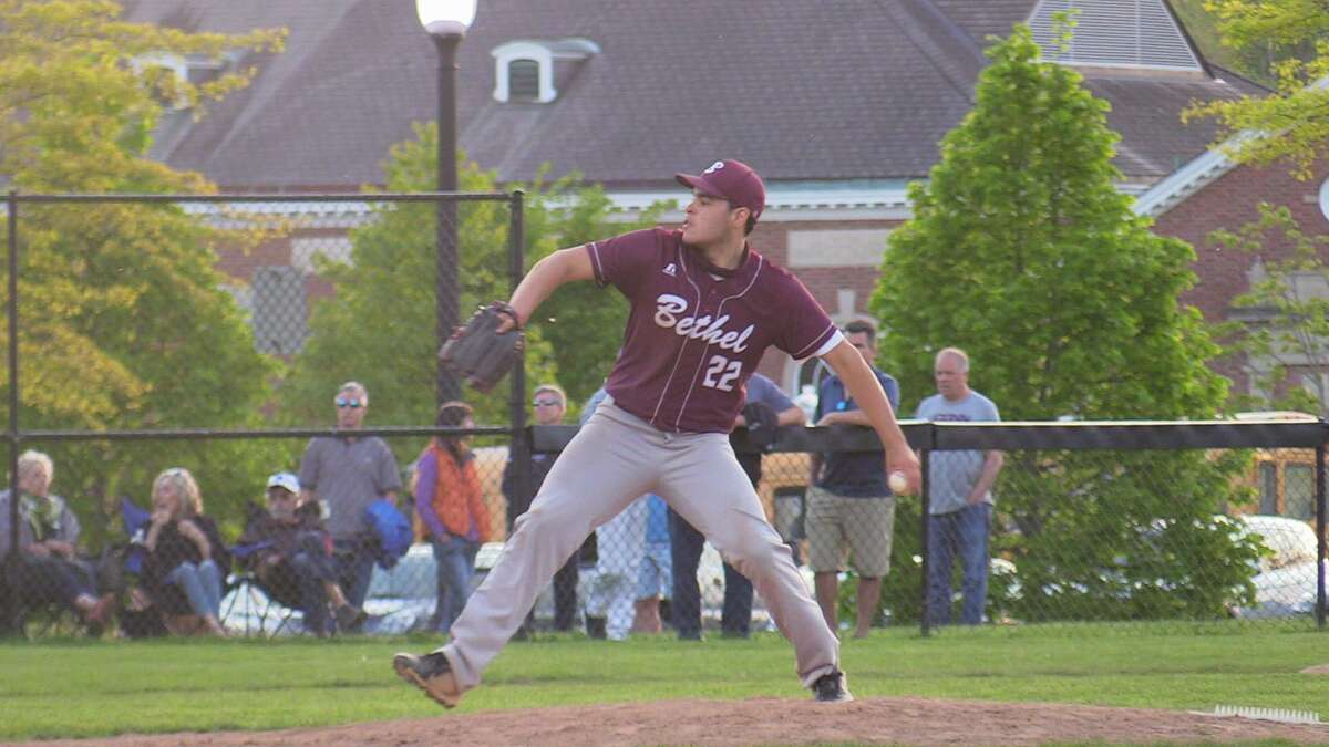 Bethel High School's Daniel Rodriguez pitches against Newtown during a baseball game on Friday, May 14, 2021 in Newtown, Conn.