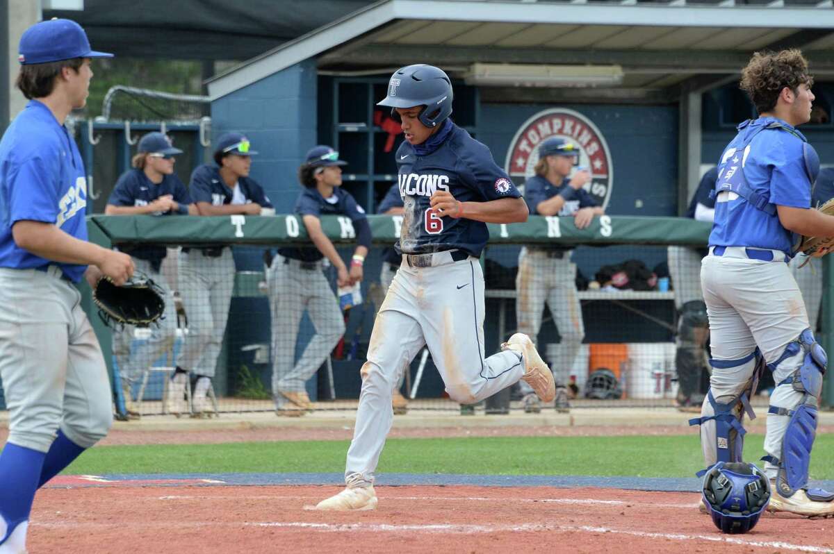 Adam Benavidez (6) of Tompkins scores during the fifth inning of a 6A Region III bi-district baseball playoff game between the Tompkins Falcons and the Elkins Knights on Saturday, May 8, 2021 at Tompkins HS, Katy, TX.
