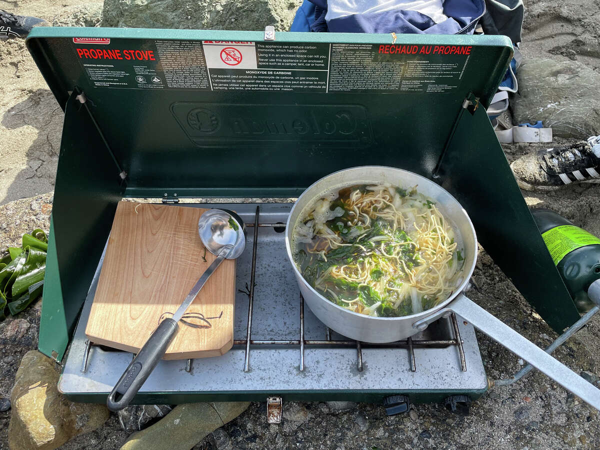 Seaweed soup cooking on a Coleman camp stove. 